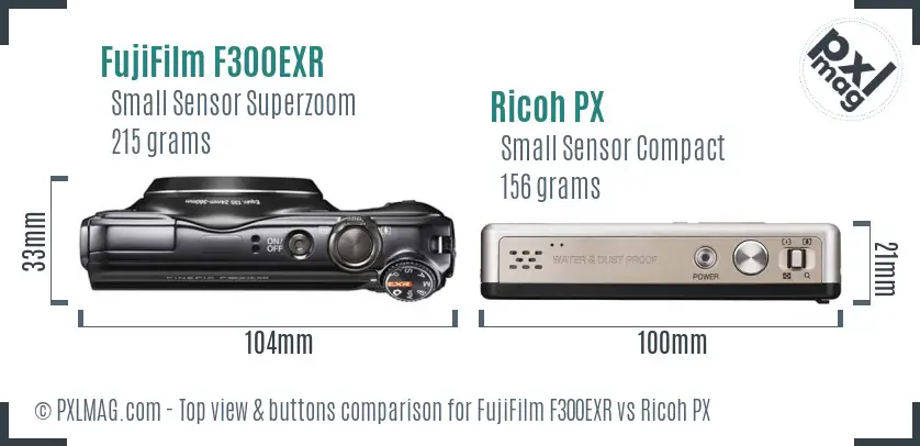 FujiFilm F300EXR vs Ricoh PX top view buttons comparison