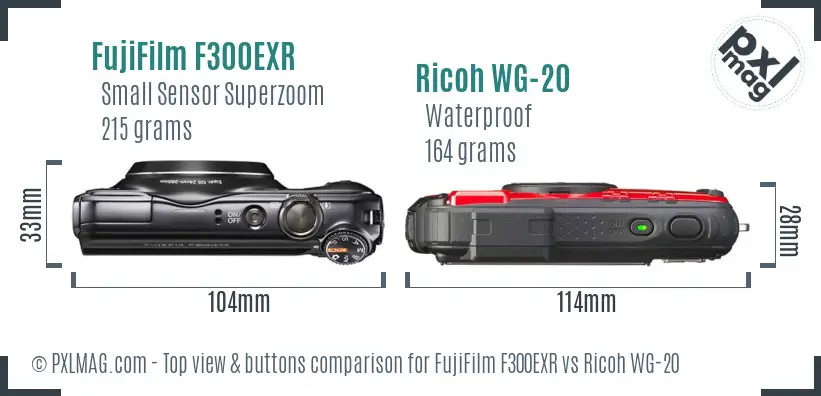 FujiFilm F300EXR vs Ricoh WG-20 top view buttons comparison FujiFilm F300EXR vs Ricoh WG-20 top view buttons comparison