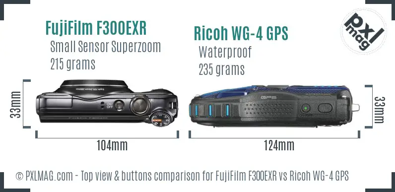 FujiFilm F300EXR vs Ricoh WG-4 GPS top view buttons comparison FujiFilm F300EXR vs Ricoh WG-4 GPS top view buttons comparison