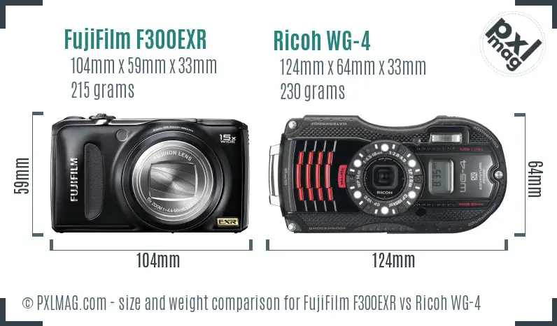 FujiFilm F300EXR vs Ricoh WG-4 size comparison