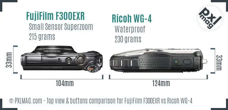 FujiFilm F300EXR vs Ricoh WG-4 top view buttons comparison