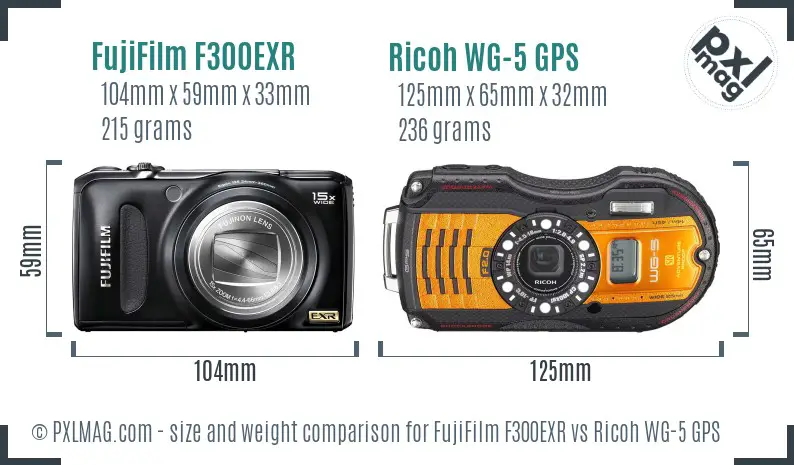 FujiFilm F300EXR vs Ricoh WG-5 GPS size comparison FujiFilm F300EXR vs Ricoh WG-5 GPS size comparison