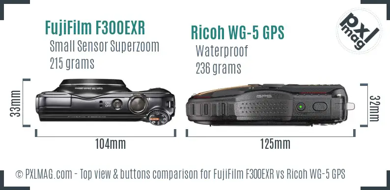 FujiFilm F300EXR vs Ricoh WG-5 GPS top view buttons comparison FujiFilm F300EXR vs Ricoh WG-5 GPS top view buttons comparison