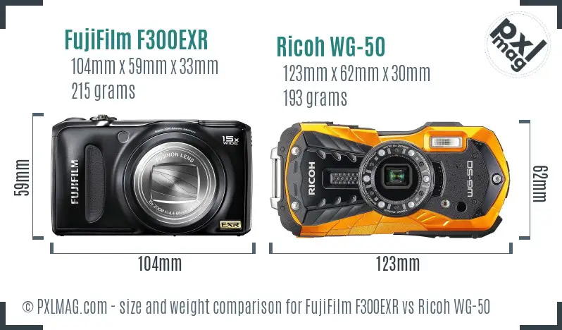 FujiFilm F300EXR vs Ricoh WG-50 size comparison