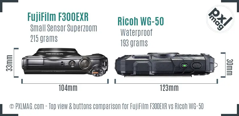 FujiFilm F300EXR vs Ricoh WG-50 top view buttons comparison