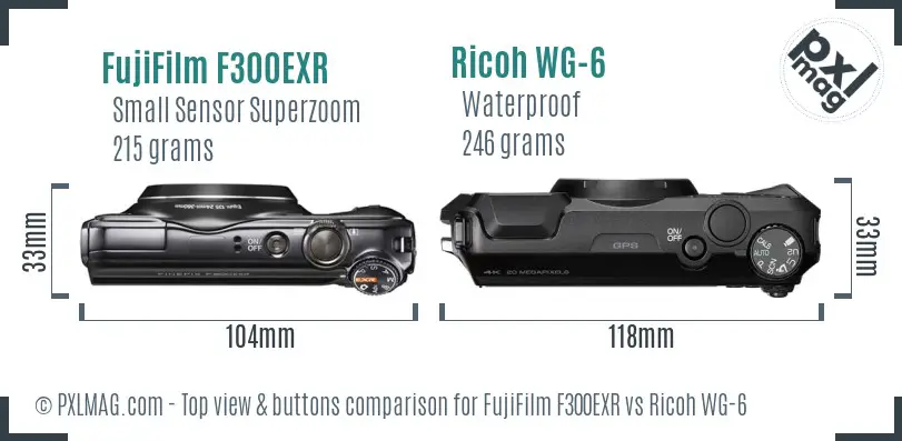 FujiFilm F300EXR vs Ricoh WG-6 top view buttons comparison