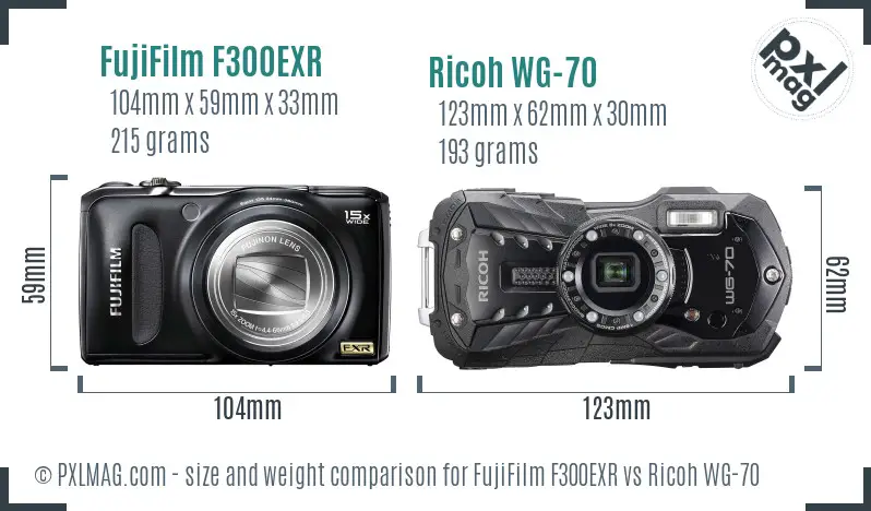 FujiFilm F300EXR vs Ricoh WG-70 size comparison