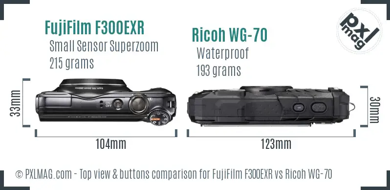 FujiFilm F300EXR vs Ricoh WG-70 top view buttons comparison