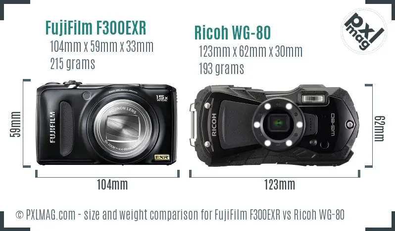 FujiFilm F300EXR vs Ricoh WG-80 size comparison