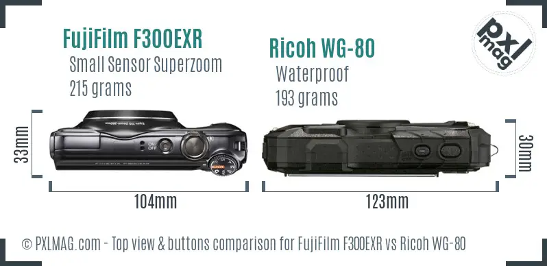 FujiFilm F300EXR vs Ricoh WG-80 top view buttons comparison