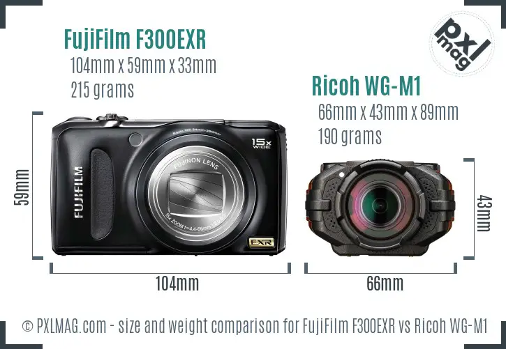 FujiFilm F300EXR vs Ricoh WG-M1 size comparison