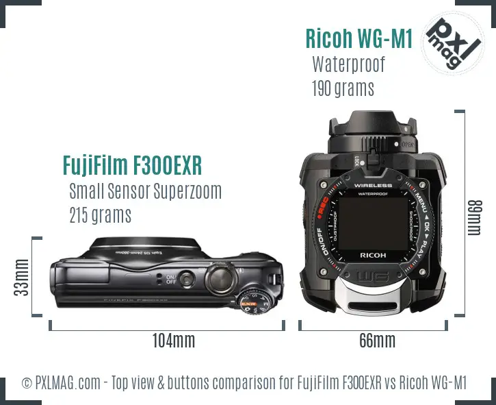 FujiFilm F300EXR vs Ricoh WG-M1 top view buttons comparison