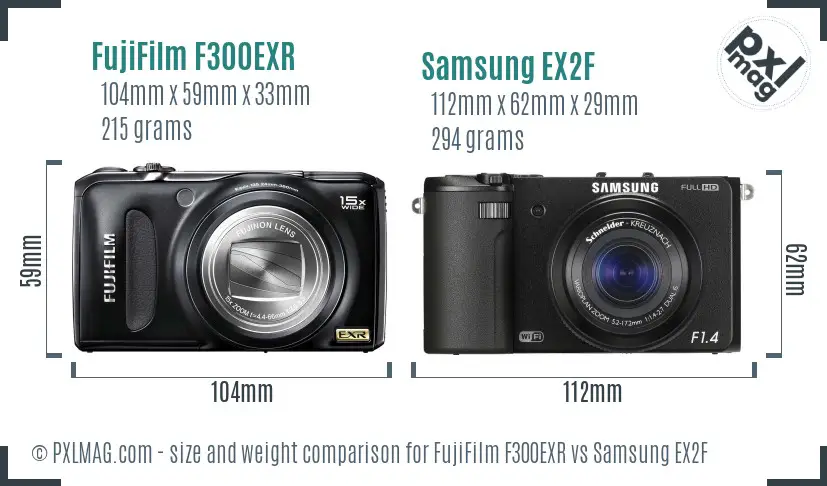 FujiFilm F300EXR vs Samsung EX2F size comparison