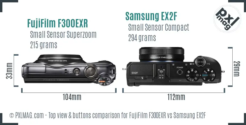 FujiFilm F300EXR vs Samsung EX2F top view buttons comparison