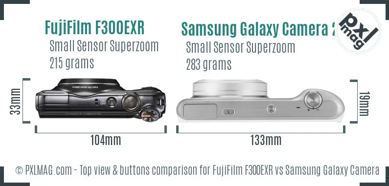 FujiFilm F300EXR vs Samsung Galaxy Camera 2 top view buttons comparison