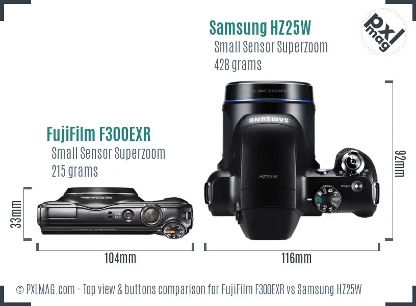 FujiFilm F300EXR vs Samsung HZ25W top view buttons comparison