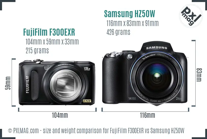 FujiFilm F300EXR vs Samsung HZ50W size comparison