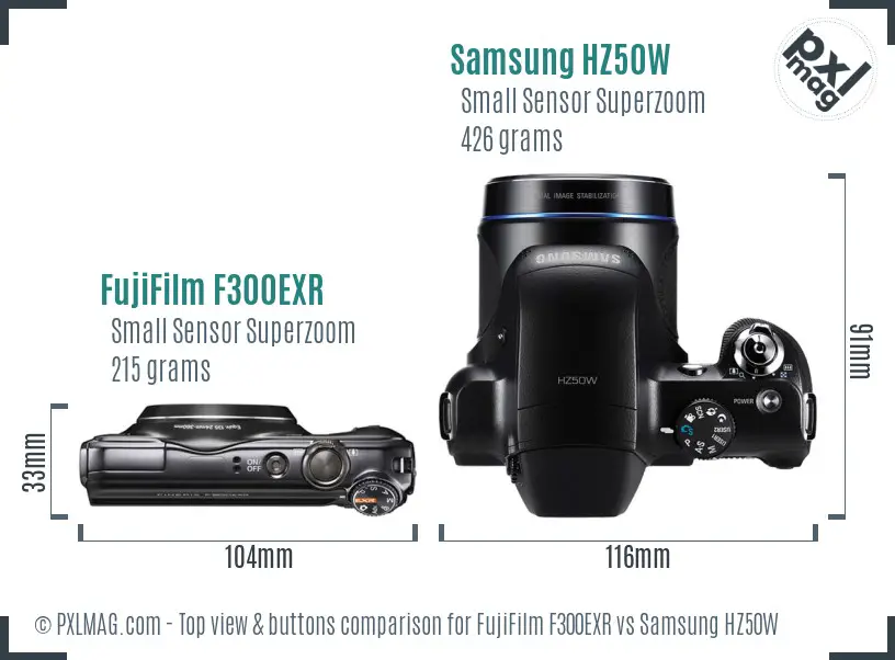 FujiFilm F300EXR vs Samsung HZ50W top view buttons comparison