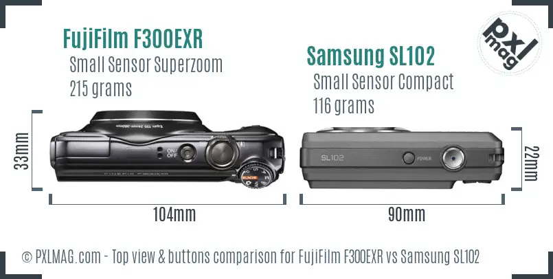 FujiFilm F300EXR vs Samsung SL102 top view buttons comparison
