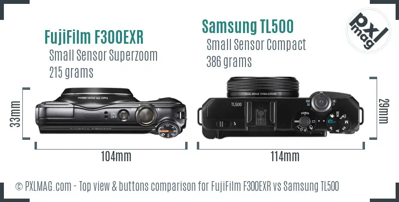 FujiFilm F300EXR vs Samsung TL500 top view buttons comparison