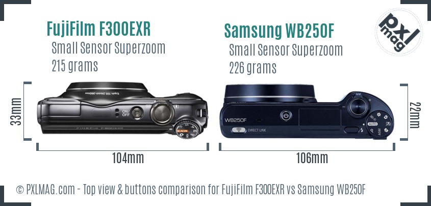 FujiFilm F300EXR vs Samsung WB250F top view buttons comparison