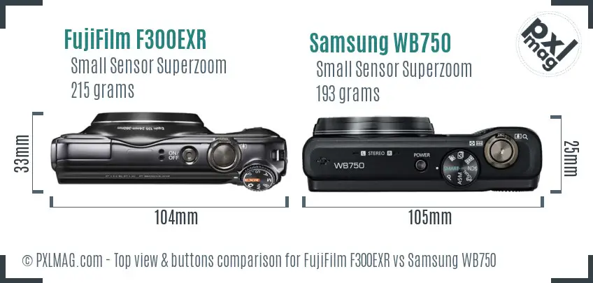 FujiFilm F300EXR vs Samsung WB750 top view buttons comparison