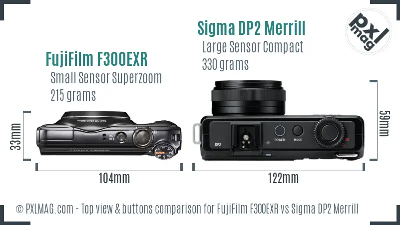 FujiFilm F300EXR vs Sigma DP2 Merrill top view buttons comparison