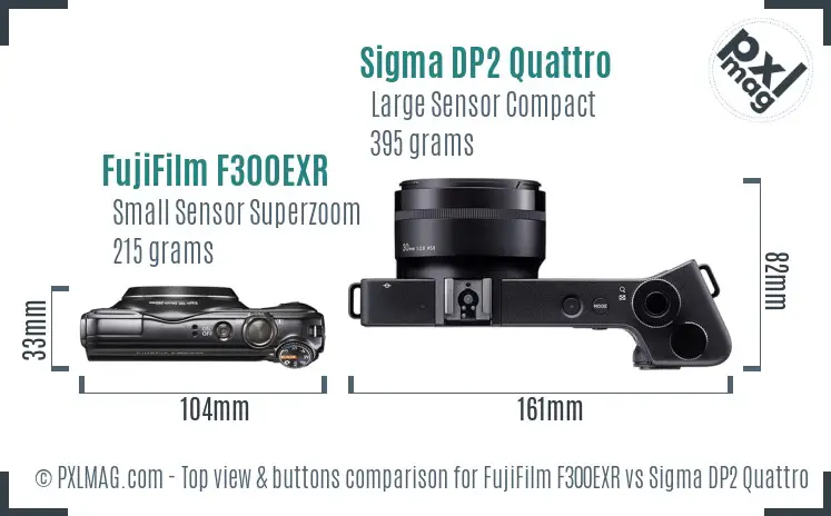 FujiFilm F300EXR vs Sigma DP2 Quattro top view buttons comparison