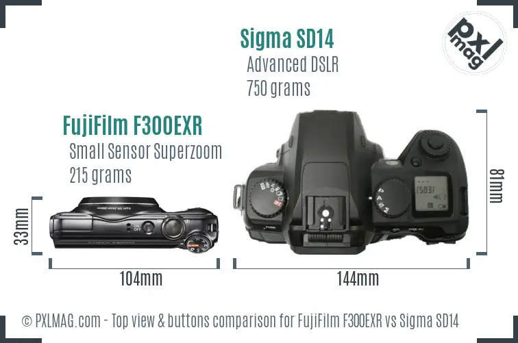 FujiFilm F300EXR vs Sigma SD14 top view buttons comparison FujiFilm F300EXR vs Sigma SD14 top view buttons comparison