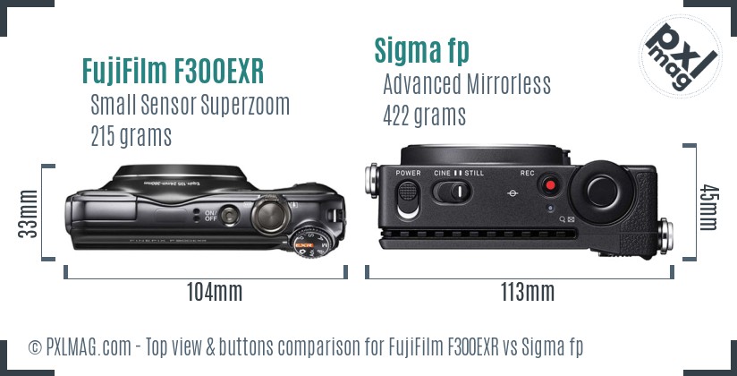 FujiFilm F300EXR vs Sigma fp top view buttons comparison