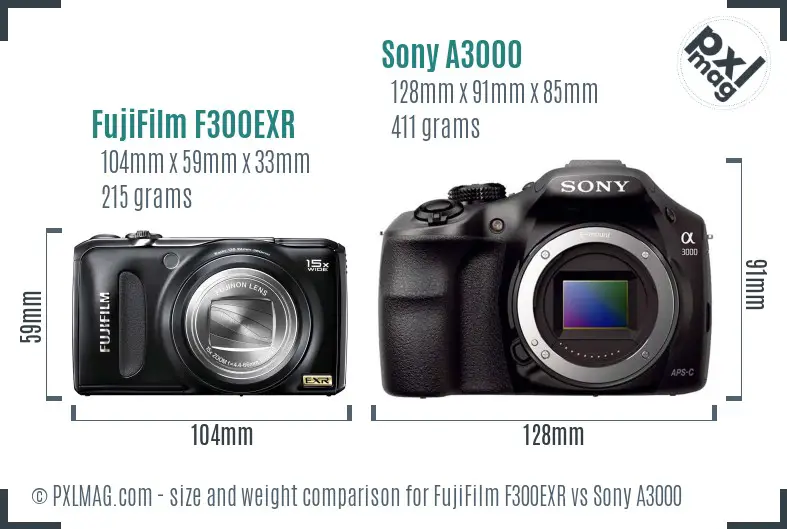 FujiFilm F300EXR vs Sony A3000 size comparison