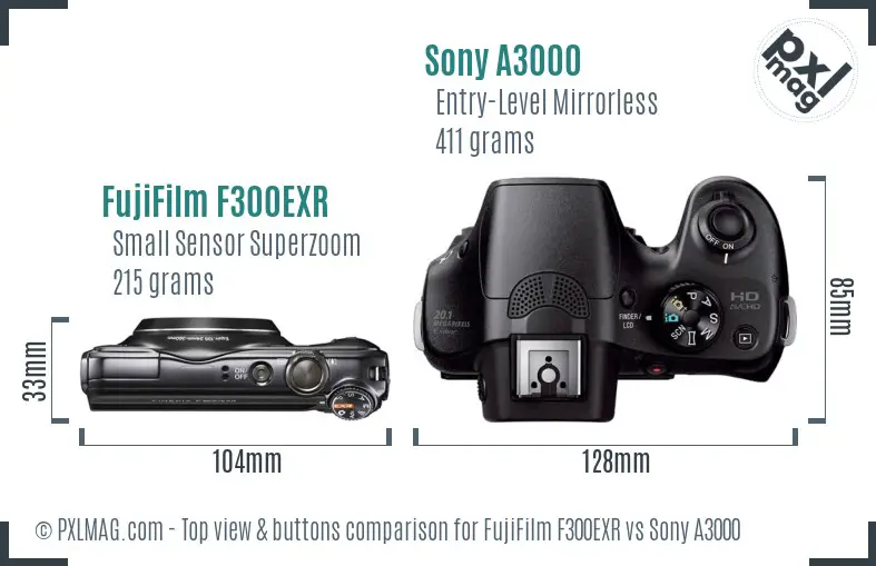 FujiFilm F300EXR vs Sony A3000 top view buttons comparison
