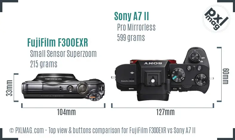 FujiFilm F300EXR vs Sony A7 II top view buttons comparison