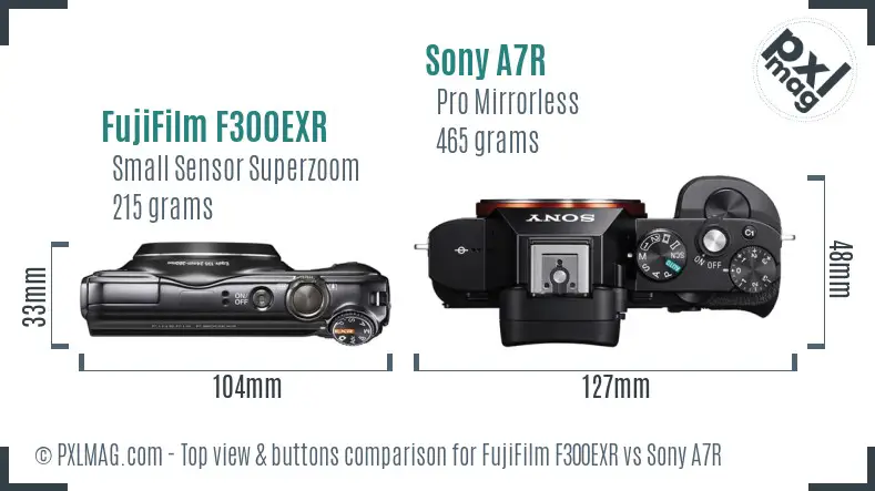 FujiFilm F300EXR vs Sony A7R top view buttons comparison