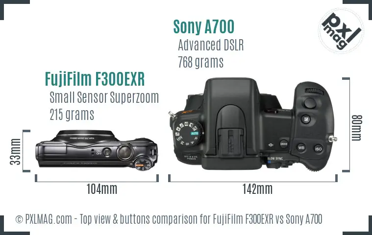 FujiFilm F300EXR vs Sony A700 top view buttons comparison