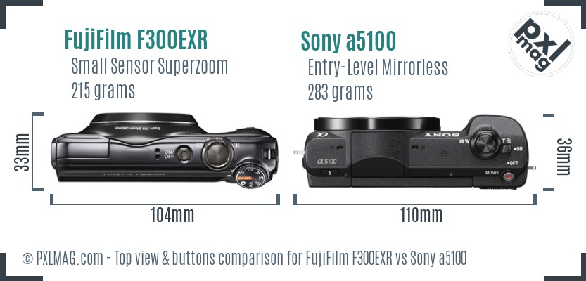 FujiFilm F300EXR vs Sony a5100 top view buttons comparison