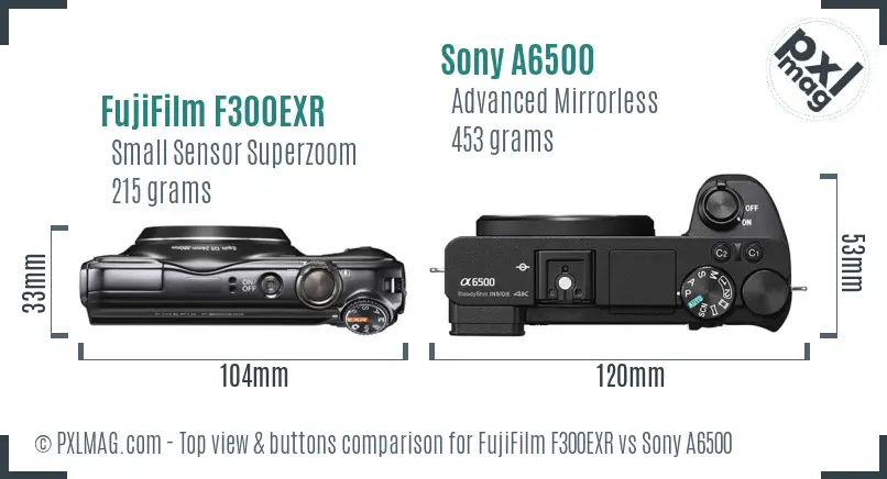 FujiFilm F300EXR vs Sony A6500 top view buttons comparison