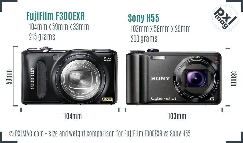 FujiFilm F300EXR vs Sony H55 size comparison