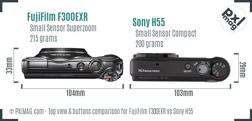 FujiFilm F300EXR vs Sony H55 top view buttons comparison