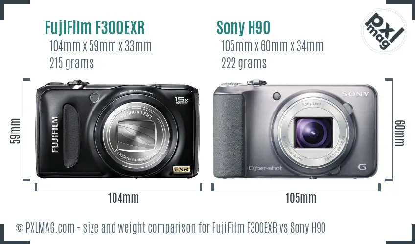FujiFilm F300EXR vs Sony H90 size comparison FujiFilm F300EXR vs Sony H90 size comparison