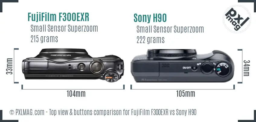 FujiFilm F300EXR vs Sony H90 top view buttons comparison FujiFilm F300EXR vs Sony H90 top view buttons comparison