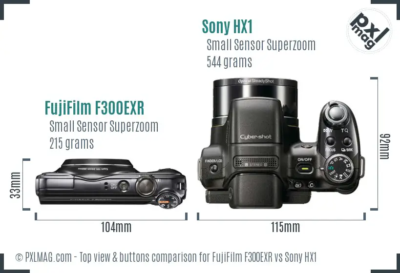 FujiFilm F300EXR vs Sony HX1 top view buttons comparison