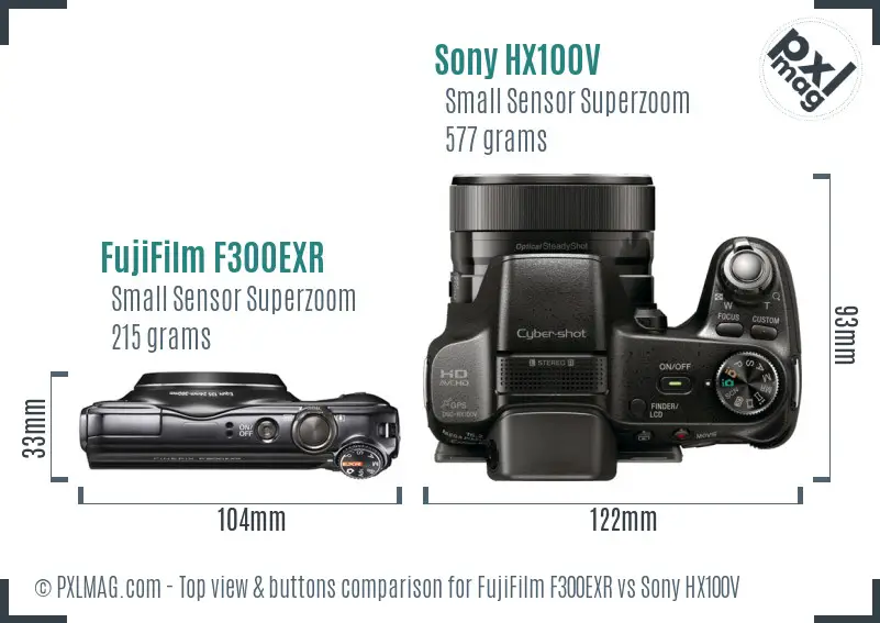 FujiFilm F300EXR vs Sony HX100V top view buttons comparison