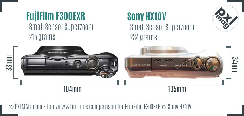 FujiFilm F300EXR vs Sony HX10V top view buttons comparison FujiFilm F300EXR vs Sony HX10V top view buttons comparison