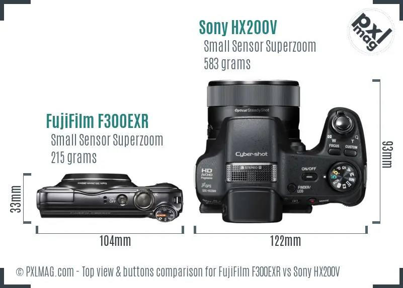 FujiFilm F300EXR vs Sony HX200V top view buttons comparison