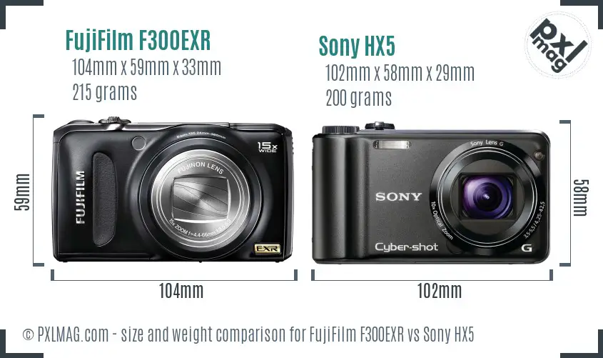 FujiFilm F300EXR vs Sony HX5 size comparison