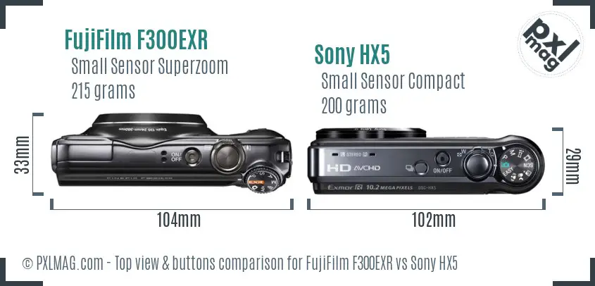 FujiFilm F300EXR vs Sony HX5 top view buttons comparison