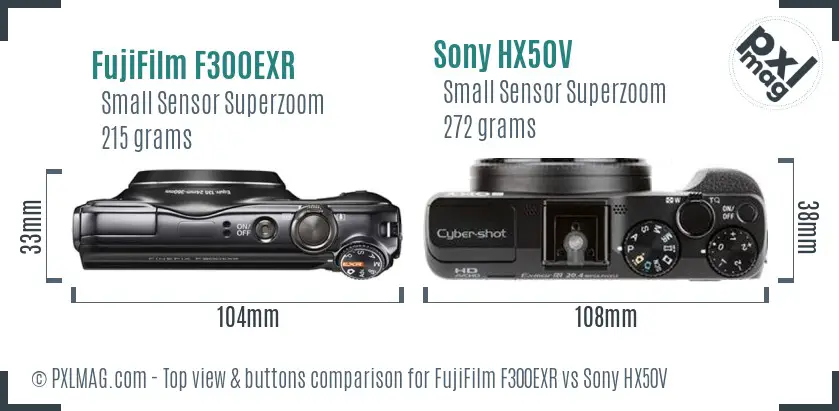 FujiFilm F300EXR vs Sony HX50V top view buttons comparison