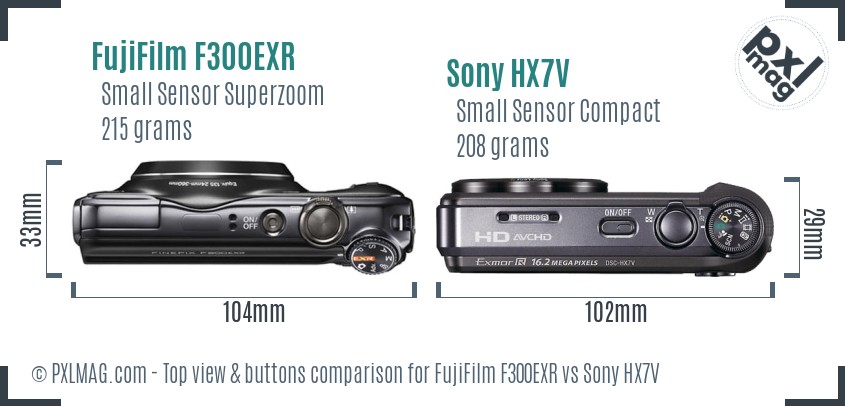 FujiFilm F300EXR vs Sony HX7V top view buttons comparison