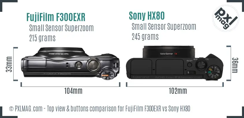 FujiFilm F300EXR vs Sony HX80 top view buttons comparison FujiFilm F300EXR vs Sony HX80 top view buttons comparison